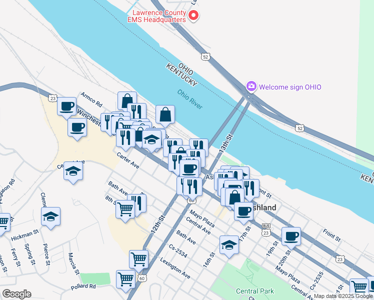 map of restaurants, bars, coffee shops, grocery stores, and more near 1100 Front Street in Ashland