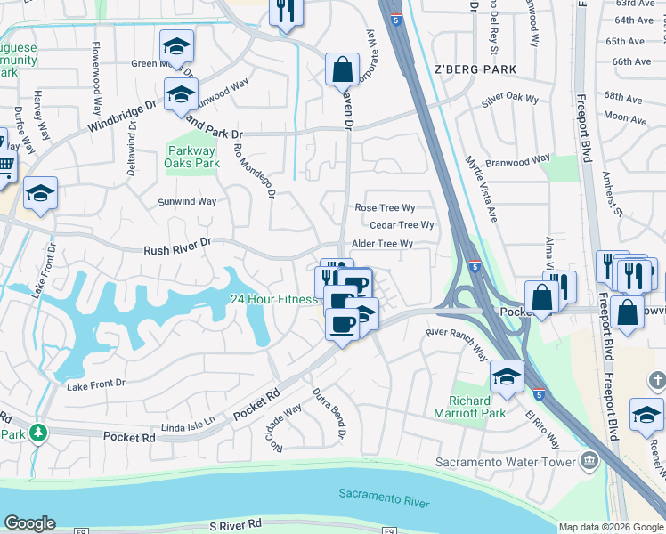 map of restaurants, bars, coffee shops, grocery stores, and more near 7548 Greenhaven Drive in Sacramento
