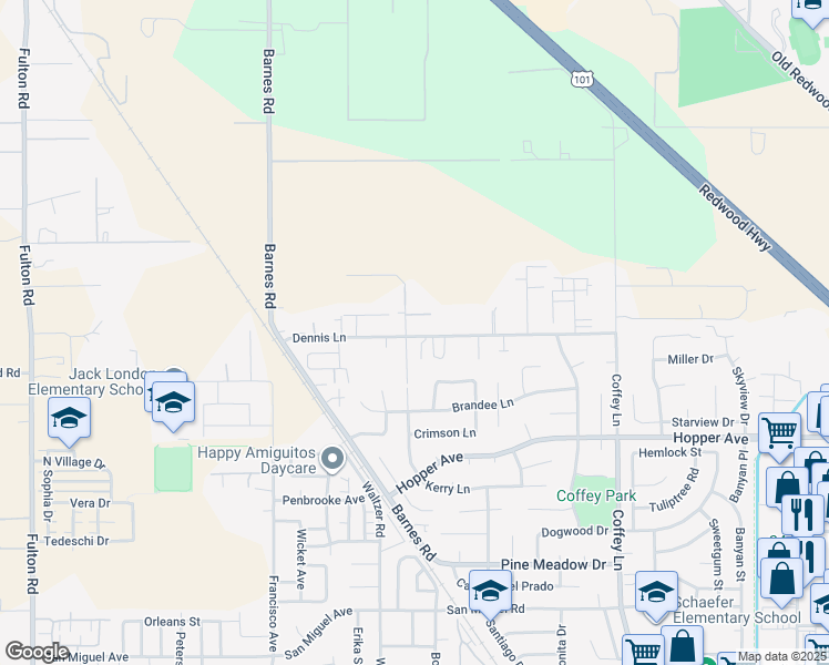 map of restaurants, bars, coffee shops, grocery stores, and more near 2110 Dennis Lane in Santa Rosa