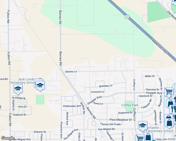 map of restaurants, bars, coffee shops, grocery stores, and more near 2110 Dennis Lane in Santa Rosa