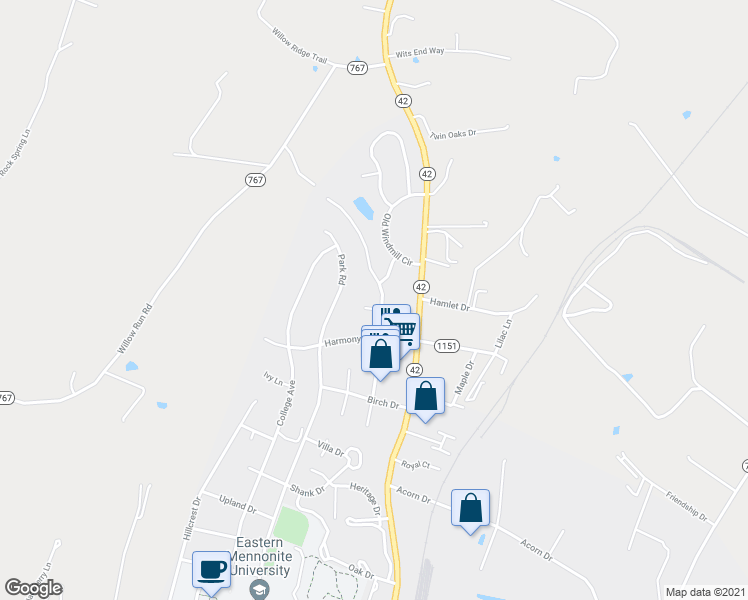 map of restaurants, bars, coffee shops, grocery stores, and more near 1221 Poplar Circle in Harrisonburg