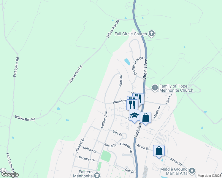 map of restaurants, bars, coffee shops, grocery stores, and more near 1824 College Avenue in Harrisonburg