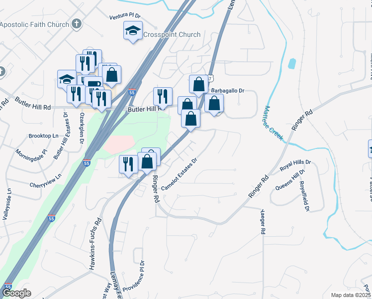 map of restaurants, bars, coffee shops, grocery stores, and more near 5269 Camelot Estates Drive in St. Louis