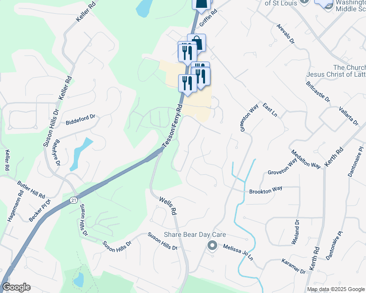 map of restaurants, bars, coffee shops, grocery stores, and more near 5661 Village Royale Lane in St. Louis