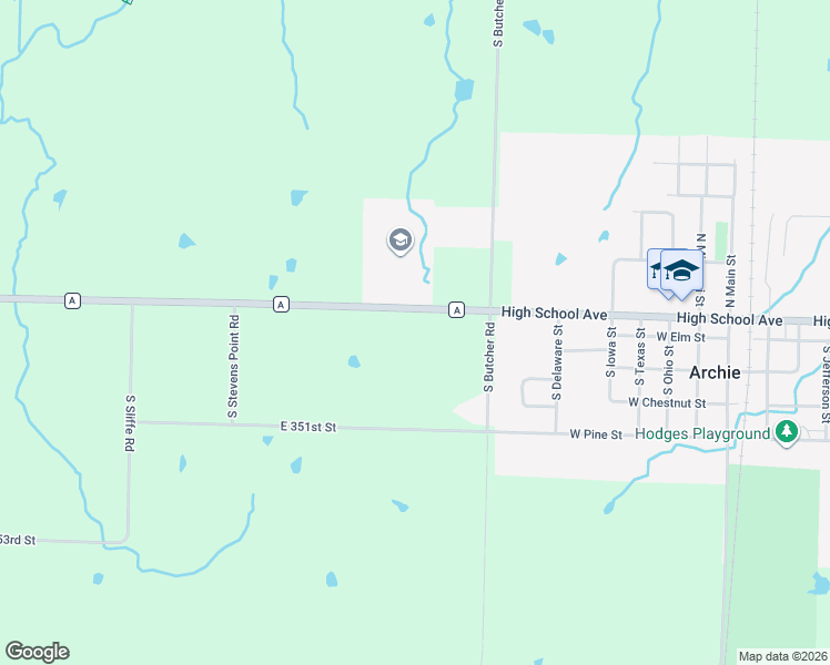 map of restaurants, bars, coffee shops, grocery stores, and more near 20505 State Highway A in Archie