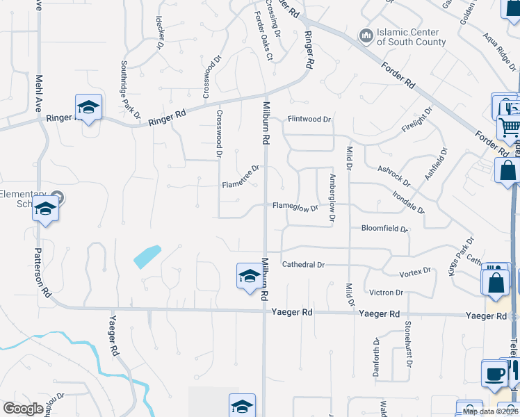 map of restaurants, bars, coffee shops, grocery stores, and more near 5232 Milburn Road in St. Louis