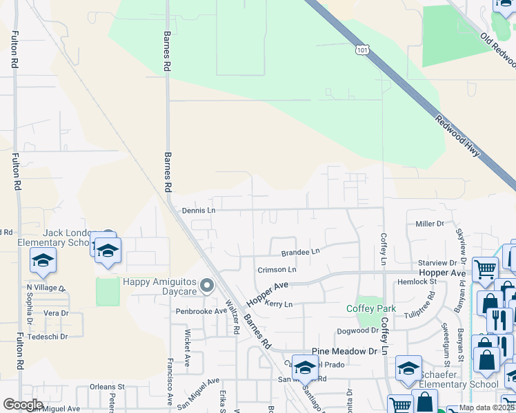 map of restaurants, bars, coffee shops, grocery stores, and more near 2110 Dennis Lane in Santa Rosa
