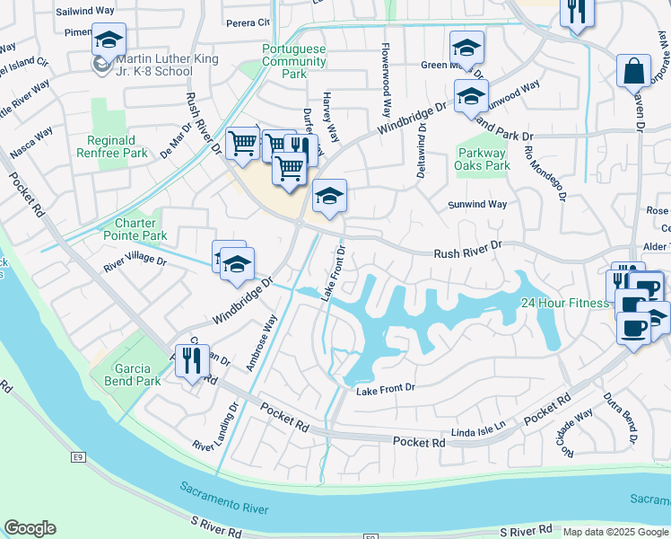 map of restaurants, bars, coffee shops, grocery stores, and more near 630 Lake Front Drive in Sacramento