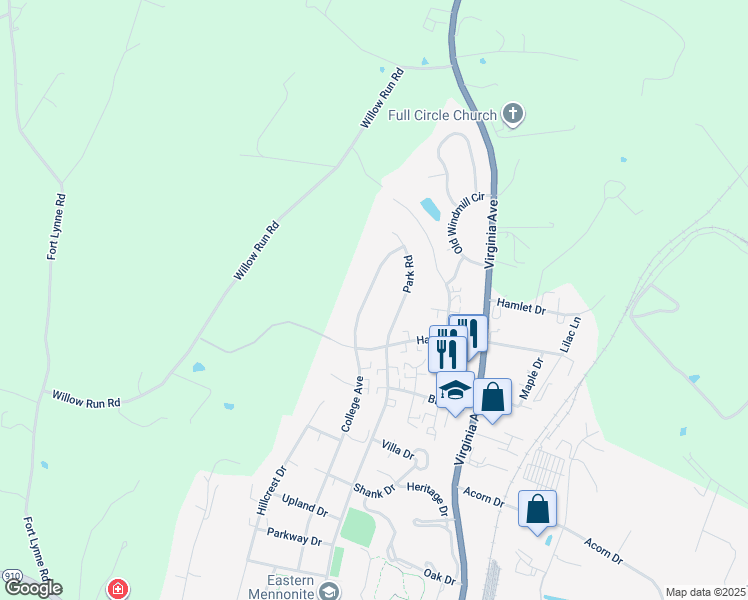 map of restaurants, bars, coffee shops, grocery stores, and more near 1848 College Avenue in Harrisonburg