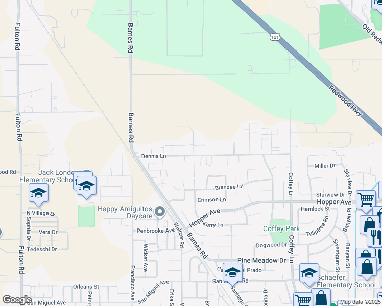 map of restaurants, bars, coffee shops, grocery stores, and more near 2110 Dennis Lane in Santa Rosa
