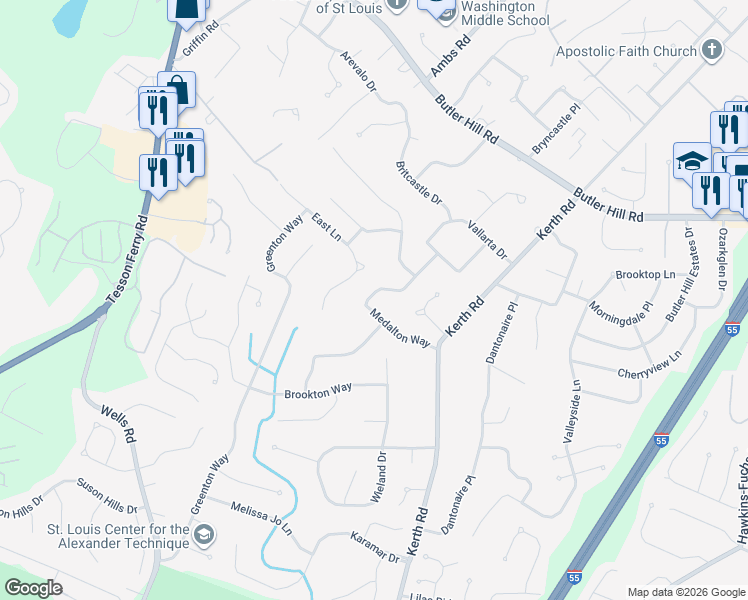 map of restaurants, bars, coffee shops, grocery stores, and more near 4703 Medalton Way in St. Louis