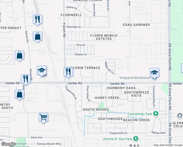 map of restaurants, bars, coffee shops, grocery stores, and more near 8593 Theodore Avenue in Sacramento