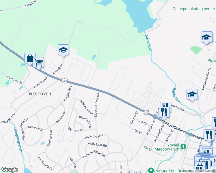 map of restaurants, bars, coffee shops, grocery stores, and more near 906 Riverdale Circle in Culpeper