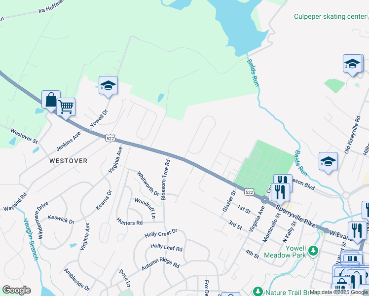 map of restaurants, bars, coffee shops, grocery stores, and more near 910 Riverdale Circle in Culpeper
