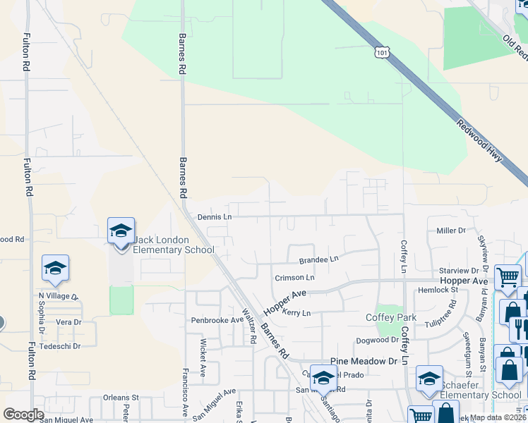 map of restaurants, bars, coffee shops, grocery stores, and more near 2110 Dennis Lane in Santa Rosa