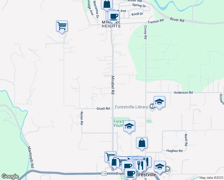 map of restaurants, bars, coffee shops, grocery stores, and more near 7462 Mirabel Road in Forestville
