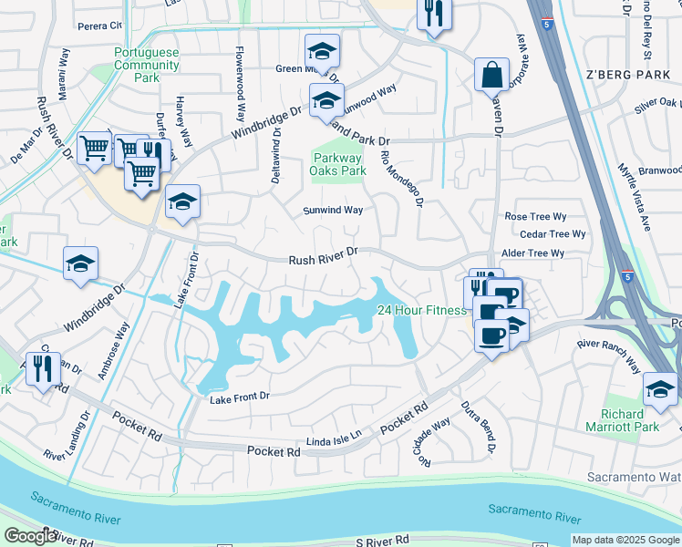 map of restaurants, bars, coffee shops, grocery stores, and more near 36 Still Beach Court in Sacramento