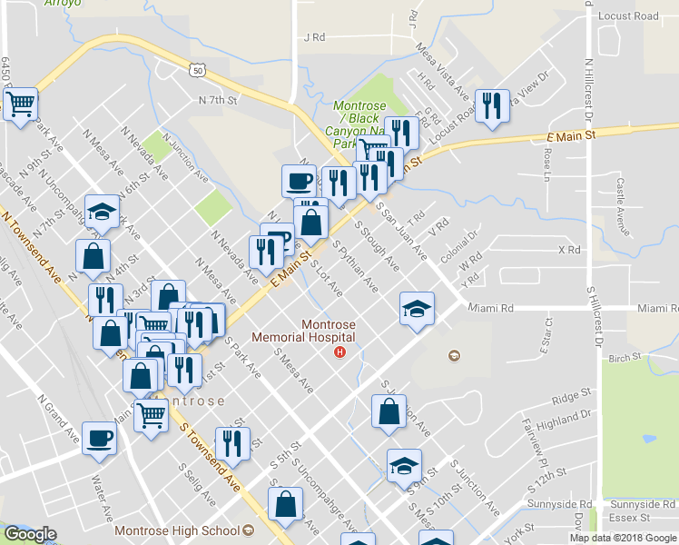 map of restaurants, bars, coffee shops, grocery stores, and more near 1020 South 1st Street in Montrose