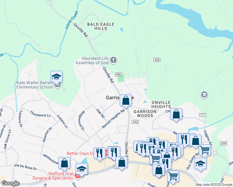 map of restaurants, bars, coffee shops, grocery stores, and more near 141 Onville Road in Stafford
