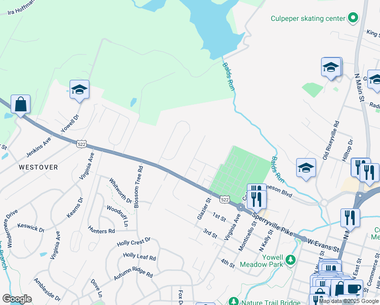 map of restaurants, bars, coffee shops, grocery stores, and more near 812 North Aspen Street in Culpeper