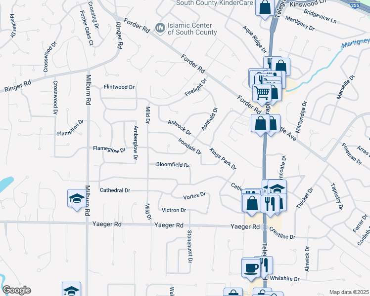 map of restaurants, bars, coffee shops, grocery stores, and more near 2730 Flameglow Drive in St. Louis