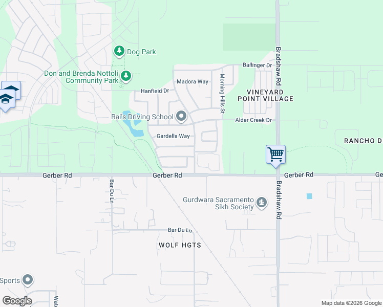 map of restaurants, bars, coffee shops, grocery stores, and more near 9571 Blue Mountain Way in Sacramento