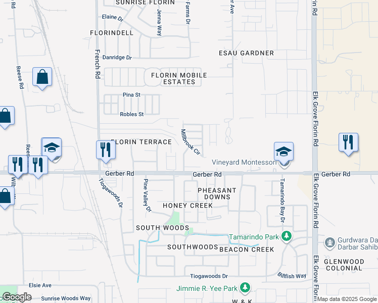 map of restaurants, bars, coffee shops, grocery stores, and more near 5 Millbrook Circle in Sacramento