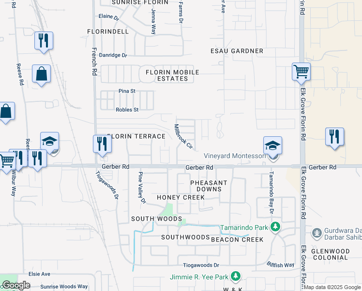 map of restaurants, bars, coffee shops, grocery stores, and more near 5 Millbrook Circle in Sacramento