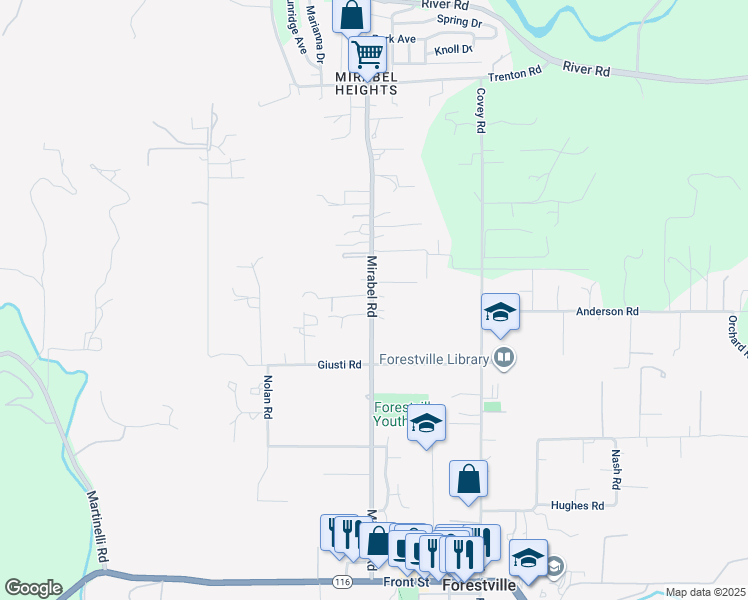 map of restaurants, bars, coffee shops, grocery stores, and more near 7462 Mirabel Road in Forestville