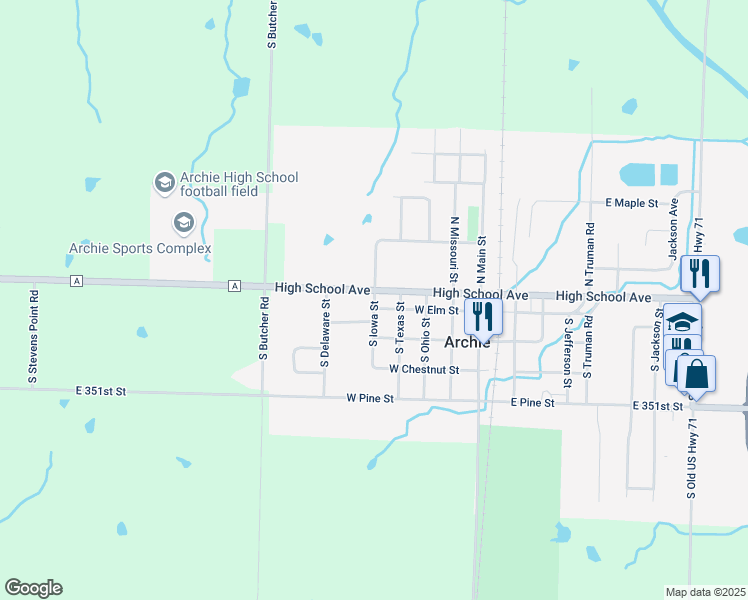 map of restaurants, bars, coffee shops, grocery stores, and more near 504 West Ash Street in Archie