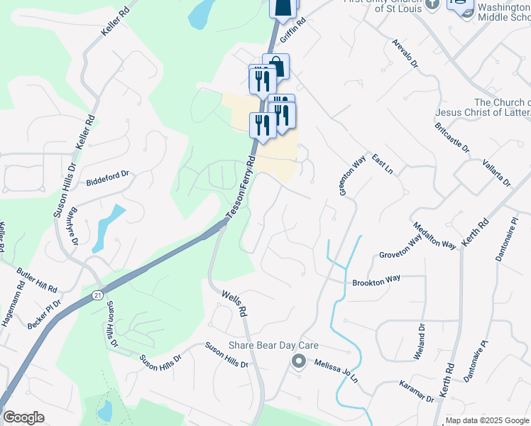 map of restaurants, bars, coffee shops, grocery stores, and more near 5539 Ed Lou Lane in St. Louis