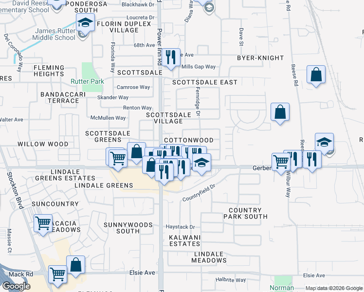 map of restaurants, bars, coffee shops, grocery stores, and more near 8144 Cottonmill Circle in Sacramento