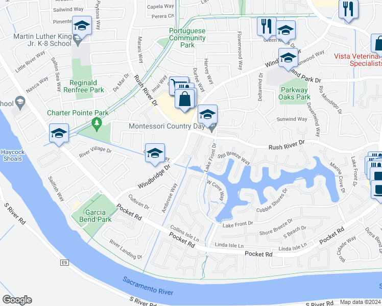 map of restaurants, bars, coffee shops, grocery stores, and more near 7629 Windbridge Drive in Sacramento