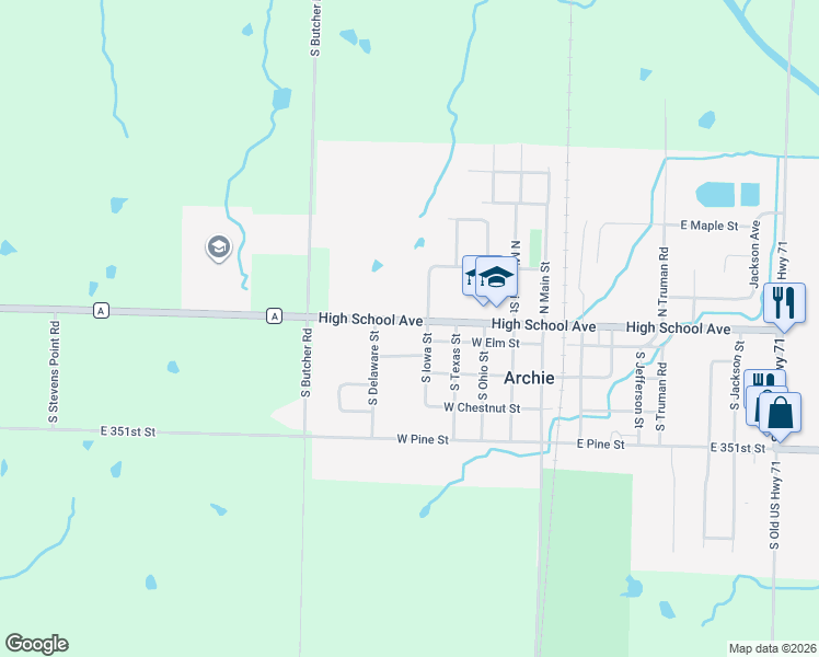 map of restaurants, bars, coffee shops, grocery stores, and more near 503 State Route A in Archie