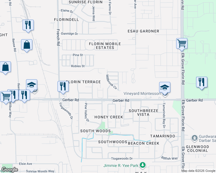 map of restaurants, bars, coffee shops, grocery stores, and more near 5 Millbrook Circle in Sacramento