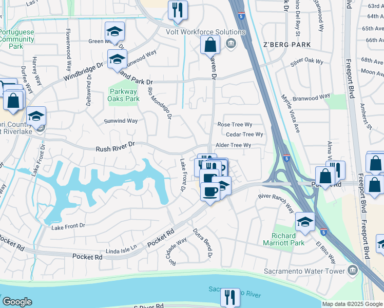map of restaurants, bars, coffee shops, grocery stores, and more near 8030 Rush River Drive in Sacramento