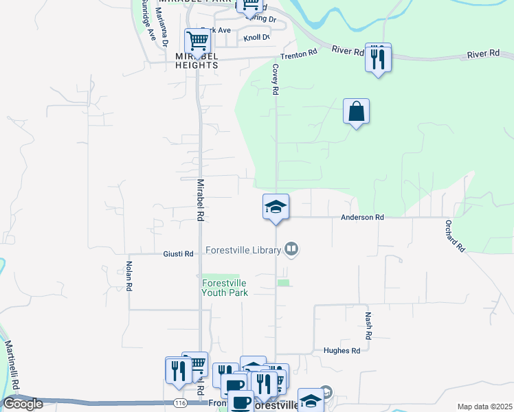 map of restaurants, bars, coffee shops, grocery stores, and more near 7220 Covey Road in Forestville