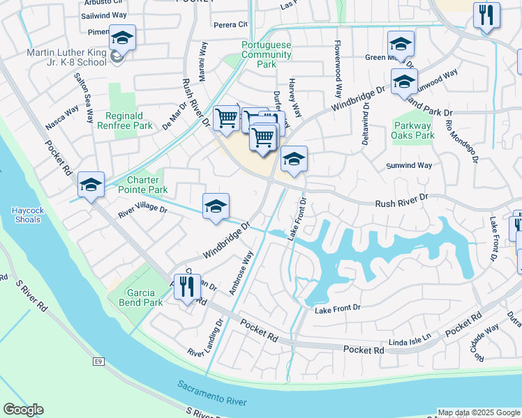 map of restaurants, bars, coffee shops, grocery stores, and more near 7640 Windbridge Drive in Sacramento