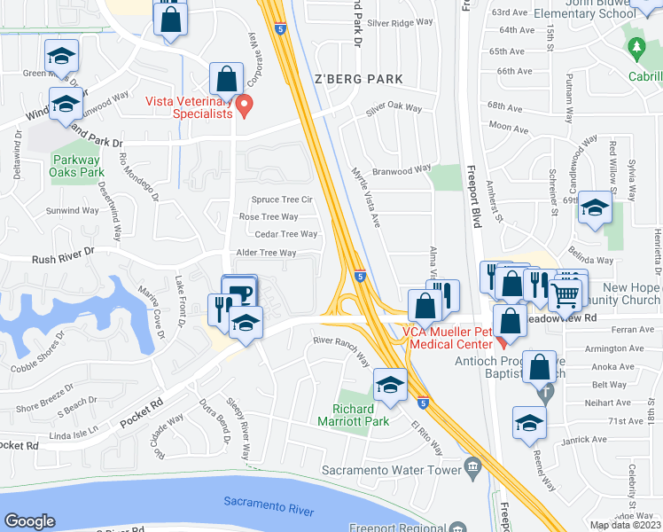 map of restaurants, bars, coffee shops, grocery stores, and more near 7551 Greenhaven Drive in Sacramento
