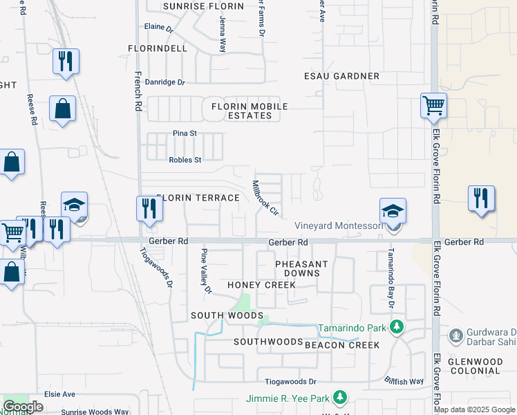 map of restaurants, bars, coffee shops, grocery stores, and more near 5 Millbrook Circle in Sacramento
