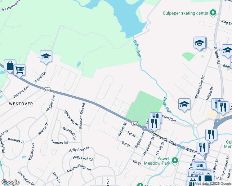 map of restaurants, bars, coffee shops, grocery stores, and more near 828 North Aspen Street in Culpeper