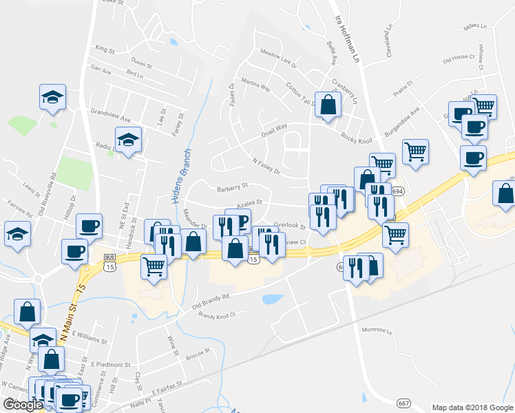map of restaurants, bars, coffee shops, grocery stores, and more near 525 Azalea Street in Culpeper