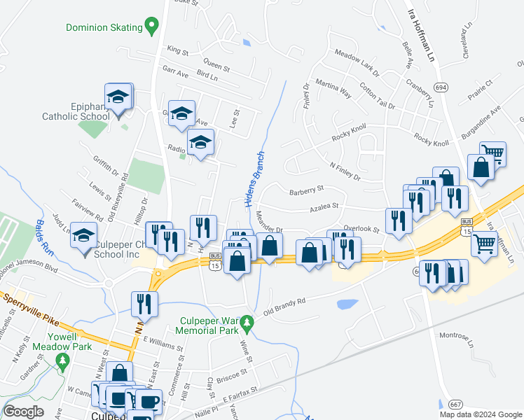 map of restaurants, bars, coffee shops, grocery stores, and more near 1155 Meander Drive in Culpeper