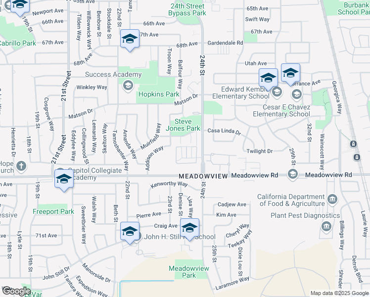 map of restaurants, bars, coffee shops, grocery stores, and more near 5 Casa Linda Court in Sacramento