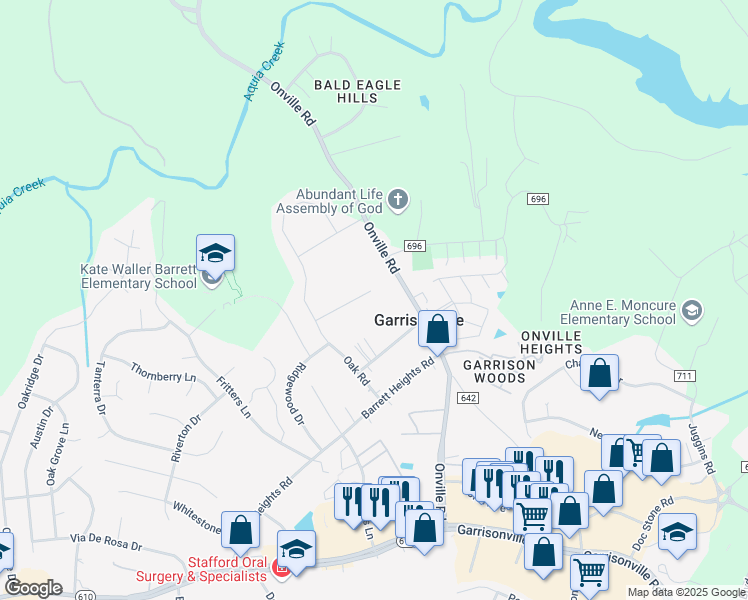 map of restaurants, bars, coffee shops, grocery stores, and more near 18 Rocky Stone Road in Stafford