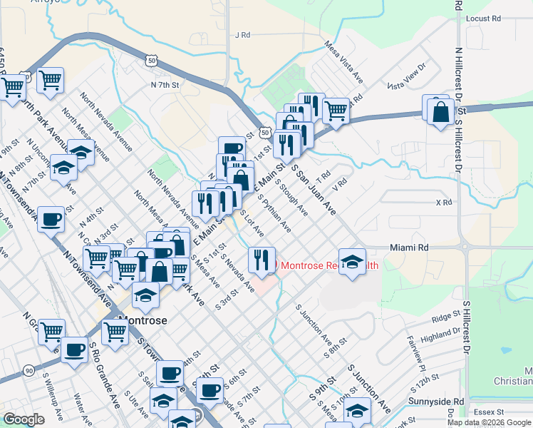 map of restaurants, bars, coffee shops, grocery stores, and more near 1118 S 1st St in Montrose