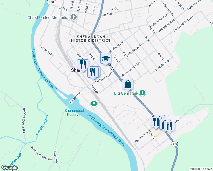 map of restaurants, bars, coffee shops, grocery stores, and more near 609 3rd Street in Shenandoah