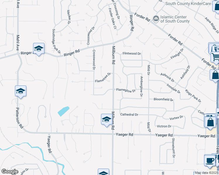 map of restaurants, bars, coffee shops, grocery stores, and more near 2907 Flameglow Drive in St. Louis
