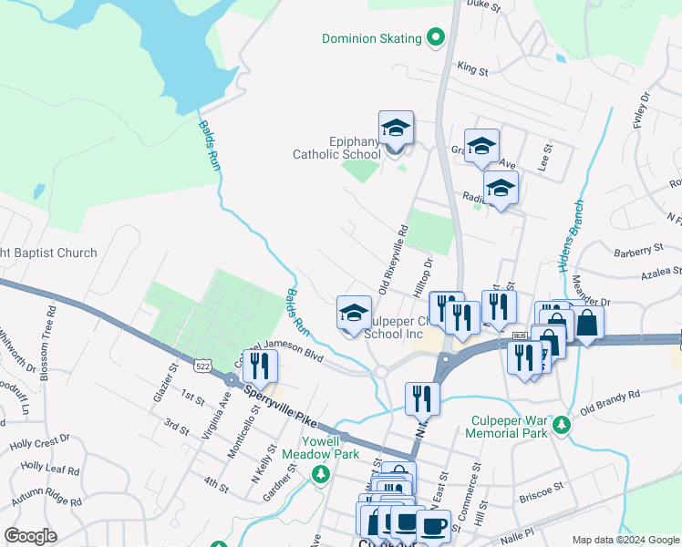 map of restaurants, bars, coffee shops, grocery stores, and more near 330 West Fairview Road in Culpeper