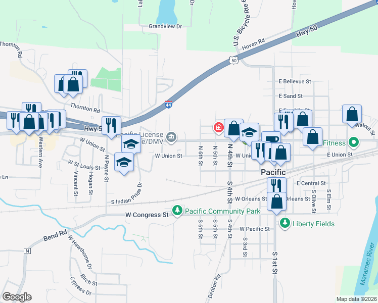 map of restaurants, bars, coffee shops, grocery stores, and more near 610 West Osage Street in Pacific